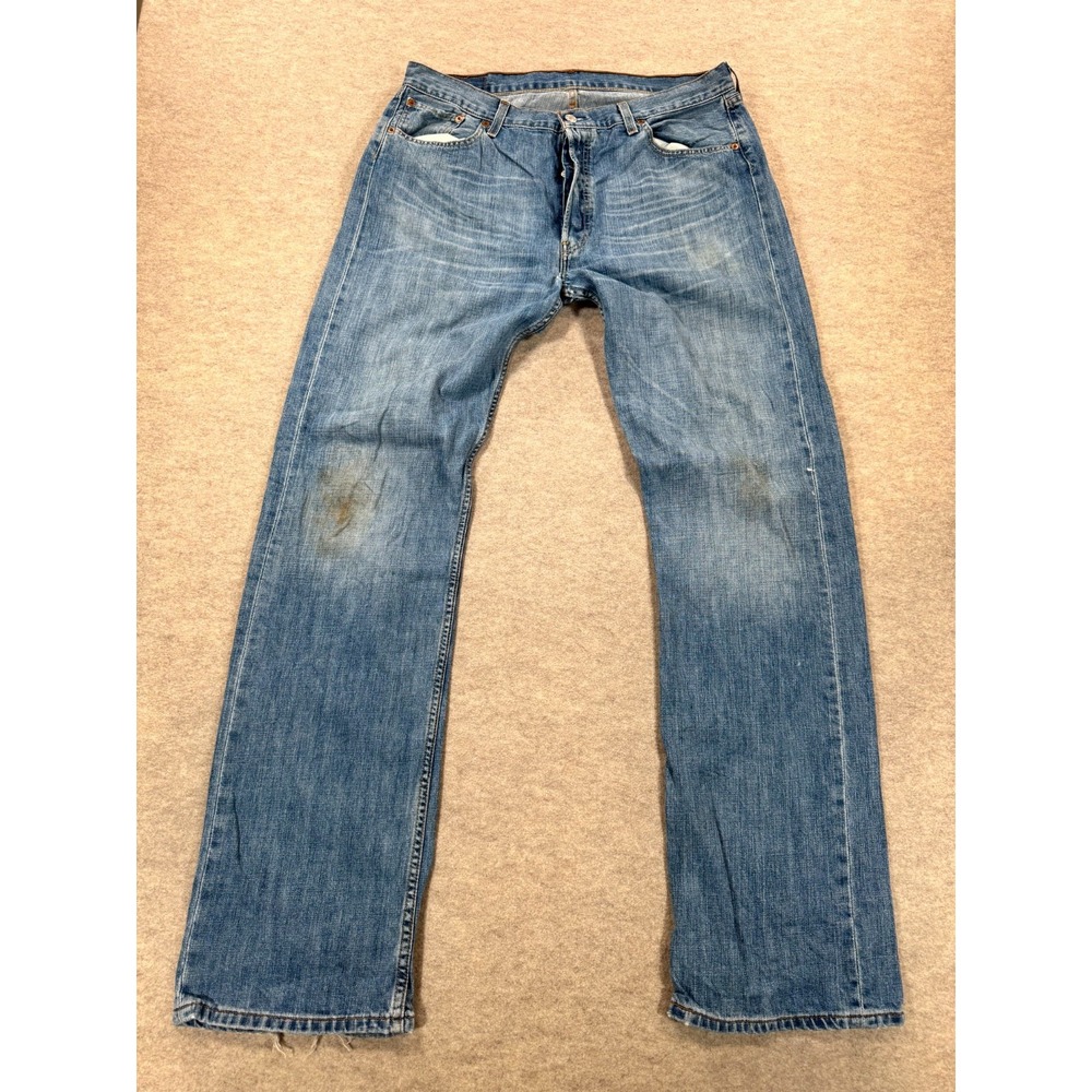 Levis 501 Straight Jeans Mens 36x34 Blue Denim Button Fly Everyday Wear Grunge